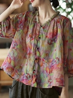 Women Casual Abstract Spring/Fall No Elasticity Holiday Crew Neck Regular H-Line Regular Blouses
