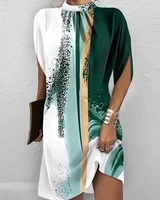 Women Casual Abstract Summer Natural No Elasticity Jersey A-Line Regular Half Turtleneck Dresses