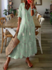 Women Casual Abstract Summer V neck Natural Maxi Half sleeve A-Line Regular Dresses
