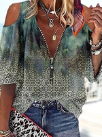 Women Casual Abstract Summer V neck Zipper Half sleeve H-Line Regular CR Shirts