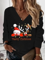 Women Casual Autumn Christmas V neck Micro-Elasticity Jersey Long sleeve Regular Regular Sweatshirts