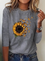 Women Casual Autumn Sunflower Daily Loose Long sleeve Crew Neck H-Line Regular T-shirt