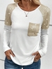 Women Casual Color Block Spring/Fall Glitter Micro-Elasticity Loose Long Sleeve Crew Neck Regular Shirts