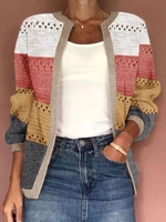 Women Casual Color Block Spring/Fall Knitted Jacquard Daily Loose Wrap Regular Cardigans