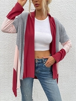 Women Casual Color Block Spring/Fall Loose Jersey Long Sleeve Wrap Mid-long H-Line Kimonos