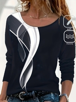 Women Casual Color Block Spring/Fall Micro-Elasticity Jersey Long Sleeve Crew Neck H-Line Regular T-shirts