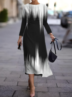 Women Casual Color Block Spring/Fall Polyester Natural Regular Fit Maxi Long Sleeve H-Line Dresses