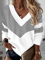 Women Casual Color Block Spring/Fall Polyester V neck Micro-Elasticity Loose Long Sleeve H-Line Sweatshirts
