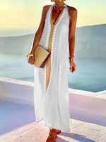 Women Casual Color Block Spring/Fall Polyester V neck No Elasticity Daily Loose Maxi Dresses