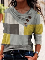 Women Casual Color Block Spring/Fall V neck Micro-Elasticity Regular Fit Regular H-Line Regular T-shirts