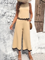 Women Casual Color Block Summer Polyester Daily Crew Neck Top With Pants H-Line Regular Two-Piece Sets