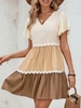 Women Casual Color Block Summer V neck No Elasticity Short Sleeve H-Line Regular No Dresses