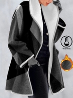 Women Casual Color Block Winter No Elasticity Daily Long Sleeve Woolen Thicken H-Line Coats
