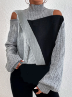 Women Casual Color Block Winter No Elasticity Regular Fit Long sleeve Regular H-Line Regular Sweater