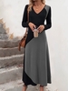 Women Casual Contrast Stitching Spring/Fall V neck Natural Loose Maxi Long Sleeve NL Dresses