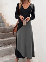 Women Casual Contrast Stitching Spring/Fall V neck Natural Loose Maxi Long Sleeve NL Dresses