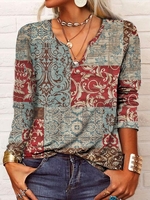 Women Casual Ethnic Autumn Micro-Elasticity Loose Long sleeve Notched Regular Regular Tops