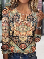 Women Casual Ethnic Spring Daily Standard Long sleeve Regular H-Line Regular T-shirt