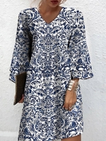 Women Casual Ethnic Spring/Fall Cotton V neck Natural Short H-Line No Dresses