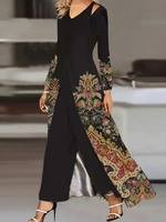 Women Casual Ethnic Spring/Fall V neck Natural Heavyweight Loose Elastic Band Top With Pants Two-Piece Sets