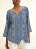 Women Casual Ethnic Spring/Fall V neck No Elasticity Vacation Loose Long Sleeve Regular Blouses
