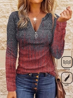 Women Casual Ethnic Spring/Fall V neck Zipper Daily Loose Long Sleeve Regular T-shirts