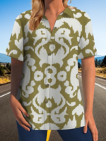 Women Casual Ethnic Summer Cotton No Elasticity Loose Short Sleeve H-Line Shirt Collar Blouses