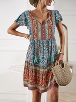 Women Casual Ethnic Summer V neck Natural Vacation Short Sleeve Regular No Dresses