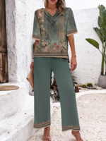 Women Casual Ethnic Summer Viscose No Elasticity Daily Loose Top With Pants H-Line Two-Piece Sets