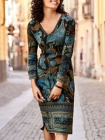 Women Casual Floral Autumn V neck Midi Long sleeve T-Shirt Dress H-Line Regular Dresses