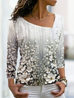 Women Casual Floral Spring Jersey Standard Long sleeve Regular H-Line Regular T-shirt