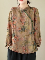 Women Casual Floral Spring/Fall Cotton Commuting Loose Three Quarter Sleeve Regular Regular Shirts