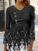 Women Casual Floral Spring/Fall Cotton High Elasticity Daily Regular Fit Shawl Collar Regular T-shirts