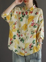 Women Casual Floral Spring/Fall Cotton Three Quarter Sleeve Regular Raglan Sleeves Regular Shirt Collar Blouses