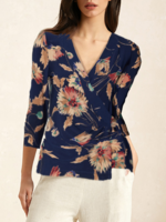 Women Casual Floral Spring/Fall Cotton V neck Daily Three Quarter Sleeve Regular S-Line Shirts