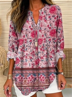 Women Casual Floral Spring/Fall Daily Notched Cotton-Blend Regular H-Line Regular Blouses