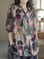 Women Casual Floral Spring/Fall Loose Cotton And Linen Regular H-Line Regular Shirt Collar Shirts