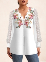 Women Casual Floral Spring/Fall No Elasticity Daily Loose Regular H-Line Lace Collar Blouses
