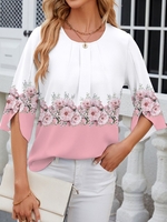 Women Casual Floral Spring/Fall No Elasticity Daily Loose Three Quarter Sleeve Crew Neck H-Line Shirts