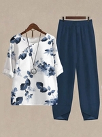 Women Casual Floral Spring/Fall Polyester Daily Loose Three Quarter Crew Neck H-Line Two-Piece Sets