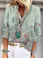 Women Casual Floral Spring/Fall Polyester Daily Loose Three Quarter H-Line Regular Shirts