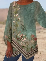 Women Casual Floral Spring/Fall Polyester Micro-Elasticity Daily Long Sleeve Crew Neck H-Line Shirts