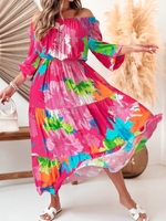 Women Casual Floral Spring/Fall Polyester Micro-Elasticity Loose Maxi Long Sleeve Regular Dresses