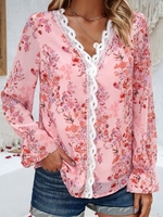 Women Casual Floral Spring/Fall Polyester V neck Daily Long Sleeve Regular Regular Shirts