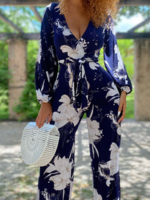 Women Casual Floral Spring/Fall Polyester V neck Daily Loose Long X-Line Jumpsuits