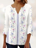 Women Casual Floral Spring/Fall V neck Buttoned Best Sell Three Quarter H-Line Medium Elasticity Shirts