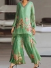 Women Casual Floral Spring/Fall V neck Natural Daily 1 * Set Top With Pants H-Line Two-Piece Sets