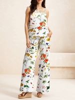 Women Casual Floral Summer Cotton Cross Neck No Elasticity Loose Top With Pants Regular Two-Piece Sets