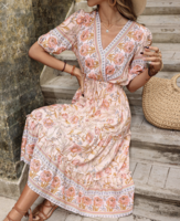 Women Casual Floral Summer Cotton High Waist Micro-Elasticity Regular Fit Short Sleeve No Dresses