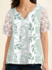 Women Casual Floral Summer Cotton Loose Lace Short Sleeve Notched Regular Shirts
